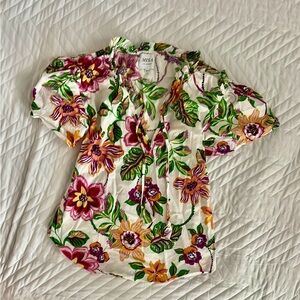 Misa Los Angeles White and Pink Ruffled Blouse